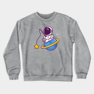 Cute Astronaut Fishing Star On Planet Crewneck Sweatshirt